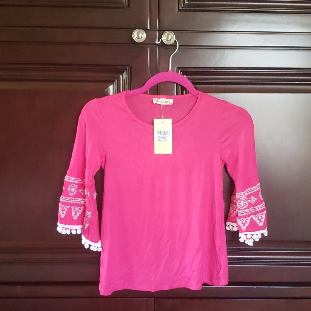 Girls 3/4 sleeve pink boho tunic w/ detailed cuffs